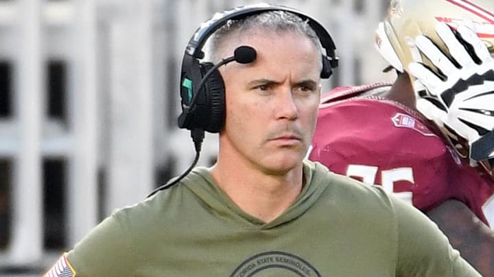 Nov 2, 2024; Tallahassee, Florida, USA; Florida State Seminoles head coach Mike Norvell looks on from the sideline after the North Carolina Tarheels score a final touchdown in the fourth quarter at Doak S. Campbell Stadium. Mandatory Credit: Robert Myers-Imagn Images Nov 2, 2024; Tallahassee, Florida, USA; Florida State Seminoles head coach Mike Norvell looks on from the sideline after the North Carolina Tarheels score a final touchdown in the fourth quarter at Doak S. Campbell Stadium. Mandatory Credit: Robert Myers-Imagn Images
