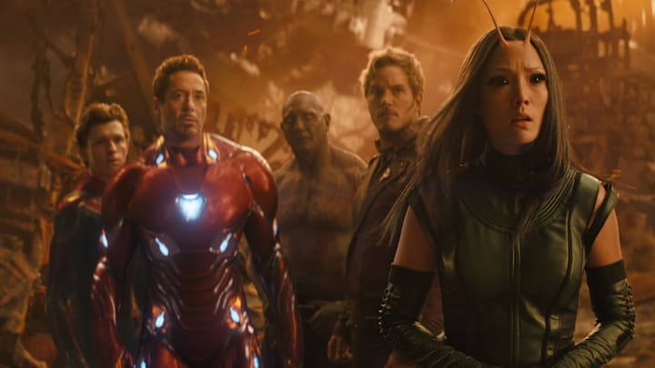 Marvel Studios' AVENGERS: INFINITY WAR

L to R: Spider-Man/Peter Parker (Tom Holland), Iron Man/Tony Stark (Robert Downey Jr.), Drax (Dave Bautista), Star-Lord/Peter Quill (Chris Pratt) and Mantis (Pom Klementieff)

Photo: Film Frame

©Marvel Studios 2018