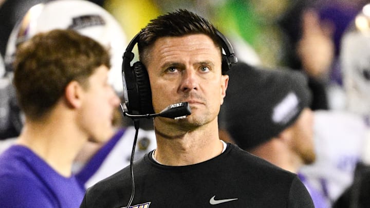Dec 20, 2025; Eugene, OR, USA; James Madison Dukes head coach Bob Chesney looks on during the second quarter against the Oregon Ducks at Autzen Stadium. Mandatory Credit: Troy Wayrynen-Imagn Images