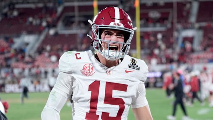 Alabama's Ty Simpson (15) celebrates following the College Football Playoff game between the University of Oklahoma Sooners (OU) and the Alabama Crimson Tide at the Gaylord Family – Oklahoma Memorial Stadium in Norman, Okla., Friday Dec. 19, 2025.