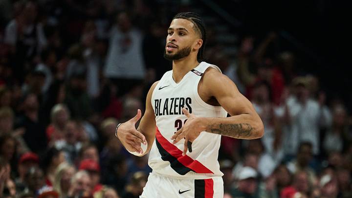 Portland Trail Blazers forward Toumani Camara celebrates after scoring a three point basket against the Phoenix Suns.