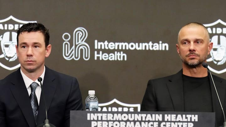 Feb 10, 2026; Henderson, NV, USA;  Las Vegas Raiders coach Klint Kubiak (left) and general manager John Spytek at introductory press conference at Intermountain Health Performance Center. Mandatory Credit: Kirby Lee-Imagn Images
