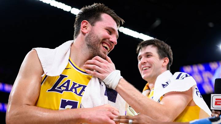 Mar 14, 2026; Los Angeles, California, USA; Los Angeles Lakers guard Luka Doncic (77) reacts with guard Austin Reaves (15) after scoring a game winning shot during overtime against the Denver Nuggets at Crypto.com Arena. Mandatory Credit: William Liang-Imagn Images Mar 14, 2026; Los Angeles, California, USA; Los Angeles Lakers guard Luka Doncic (77) reacts with guard Austin Reaves (15) after scoring a game winning shot during overtime against the Denver Nuggets at Crypto.com Arena. Mandatory Credit: William Liang-Imagn Images