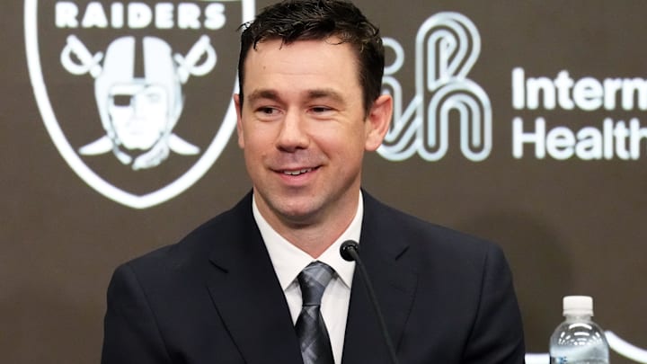 Feb 10, 2026; Henderson, NV, USA; Las Vegas Raiders coach Klint Kubiak speaks at introductory press conference at Intermountain Health Performance Center. Mandatory Credit: Kirby Lee-Imagn Images
