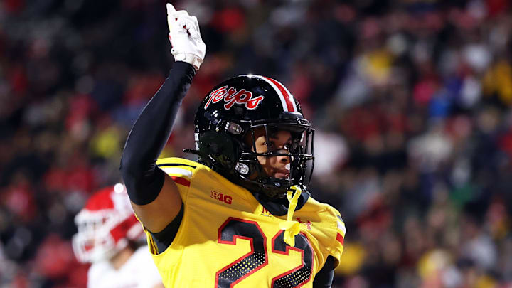 Nov 16, 2024; College Park, Maryland, USA; Maryland Terrapins defensive back Jalen Huskey (22) celebrates during the second half against the Rutgers Scarlet Knights at SECU Stadium. Mandatory Credit: Daniel Kucin Jr.-Imagn Images