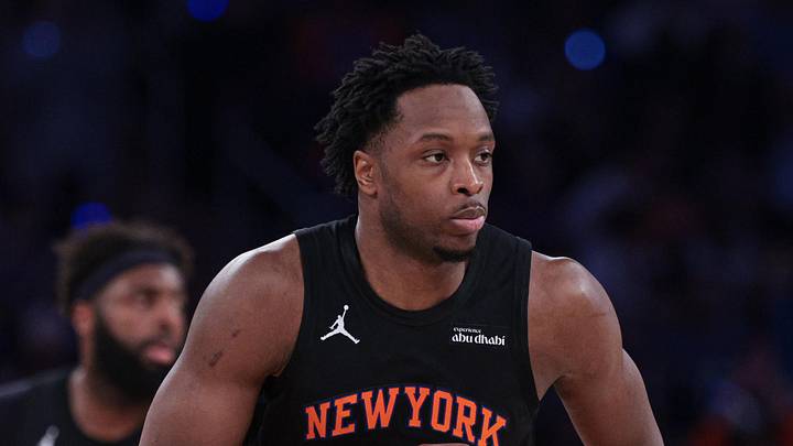 May 21, 2026; New York, New York, USA; New York Knicks forward Og Anunoby (8) runs up court after a basket during the second quarter of the eastern conference finals of the 2026 NBA playoffs against the Cleveland Cavaliers at Madison Square Garden. Mandatory Credit: Vincent Carchietta-Imagn Images