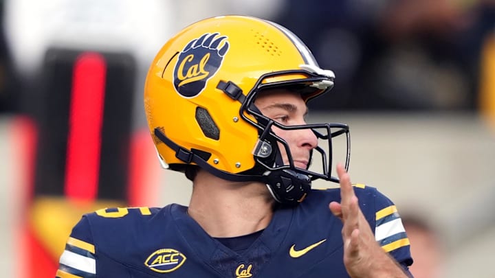 Nov 23, 2024; Berkeley, California, USA; California Golden Bears quarterback Fernando Mendoza (15) throws a pass against the Stanford Cardinal during the fourth quarter at California Memorial Stadium. Mandatory Credit: Darren Yamashita-Imagn Images
