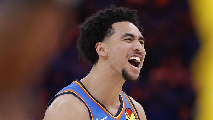 May 5, 2026; Oklahoma City, Oklahoma, USA; Oklahoma City Thunder guard Jared McCain (3) celebrates after a play against the Los Angeles Lakers in the second half during game one of the second round of the 2026 NBA Playoffs at Paycom Center. Mandatory Credit: Alonzo Adams-Imagn Images May 5, 2026; Oklahoma City, Oklahoma, USA; Oklahoma City Thunder guard Jared McCain (3) celebrates after a play against the Los Angeles Lakers in the second half during game one of the second round of the 2026 NBA Playoffs at Paycom Center. Mandatory Credit: Alonzo Adams-Imagn Images