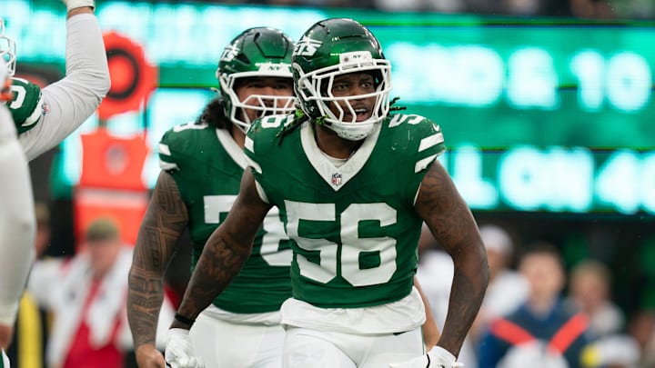 New York Jets linebacker Quincy Williams (56) celebrates after making a tackle during an NFL Week 10 game between the New York Jets and the Cleveland Browns at MetLife Stadium on Sunday, Nov. 9, 2025.
