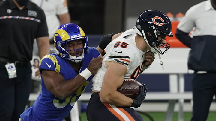 Cole Kmet makes a catch and heads upfield for the Bears in their last matchup against the Rams, a 2021 loss in L.A.