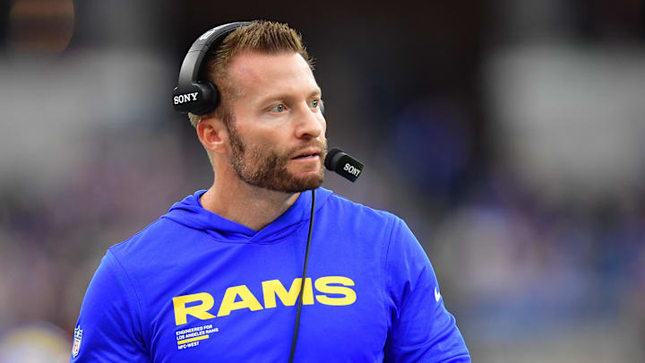 Jan 4, 2026; Inglewood, California, USA;  Los Angeles Rams head coach Sean McVay stands on the sidelines against the Arizona Cardinals during the first half at SoFi Stadium. Mandatory Credit: Gary A. Vasquez-Imagn Images