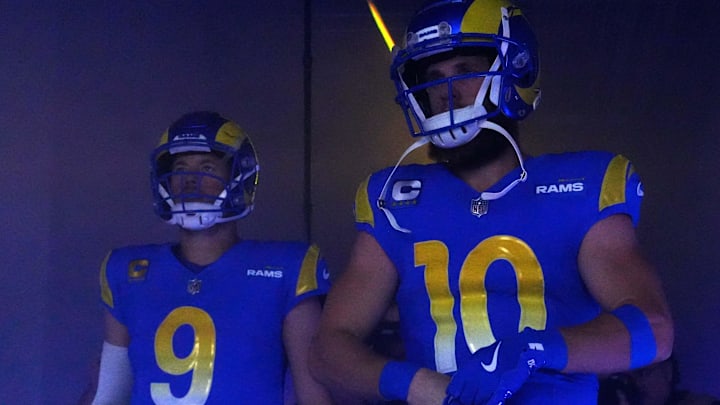 Dec 17, 2023; Inglewood, California, USA; Los Angeles Rams quarterback Matthew Stafford (9) and wide receiver Cooper Kupp (10) enter the field before the game against the Washington Commanders at SoFi Stadium. Mandatory Credit: Kirby Lee-Imagn Images