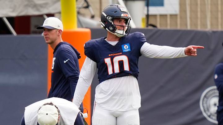 Aug 3, 2026; Englewood, CO, USA; Denver Broncos quarterback Bo Nix (10), quarterback Jarrett Stidham (8) and quarterback Sam Ehlinger (4) during training camp at Broncos Park. Aug 3, 2026; Englewood, CO, USA; Denver Broncos quarterback Bo Nix (10), quarterback Jarrett Stidham (8) and quarterback Sam Ehlinger (4) during training camp at Broncos Park.