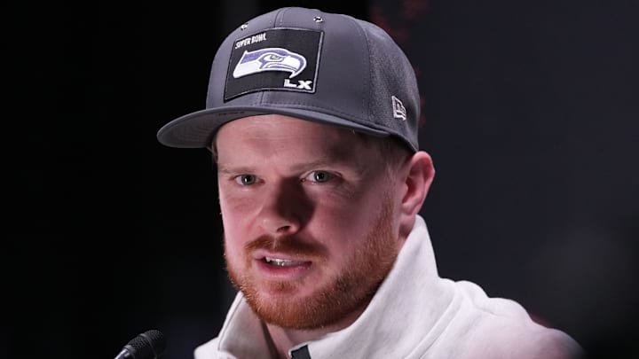 Feb 2, 2026; San Jose, CA, USA; Seattle Seahawks quarterback Sam Darnold (14) speaks to media during Opening Night for Super Bowl LX at San Jose Convention Center. Mandatory Credit: Cary Edmondson-Imagn Images Feb 2, 2026; San Jose, CA, USA; Seattle Seahawks quarterback Sam Darnold (14) speaks to media during Opening Night for Super Bowl LX at San Jose Convention Center. Mandatory Credit: Cary Edmondson-Imagn Images