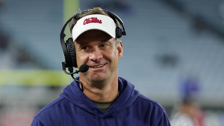 Ole Miss football coach Lane Kiffin looks on against the Duke Blue Devils.