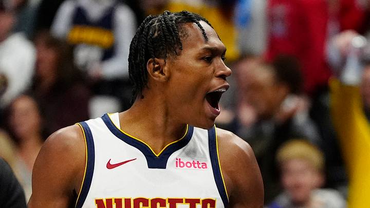 Jan 1, 2025; Denver, Colorado, USA; Denver Nuggets forward Peyton Watson (8) reacts toward the crowd in the second half against the Atlanta Hawks at Ball Arena. Mandatory Credit: Ron Chenoy-Imagn Images Jan 1, 2025; Denver, Colorado, USA; Denver Nuggets forward Peyton Watson (8) reacts toward the crowd in the second half against the Atlanta Hawks at Ball Arena. Mandatory Credit: Ron Chenoy-Imagn Images