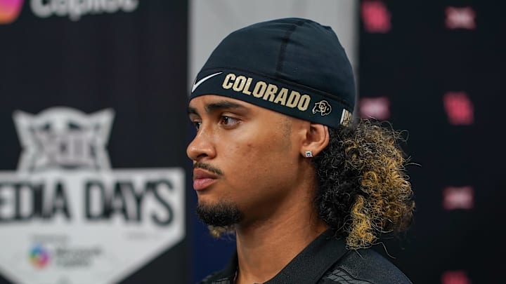 Jul 9, 2025; Frisco, TX, USA; Colorado quarterback Julian Lewis speaks with the media during 2025 Big 12 Football Media Days at The Star. 