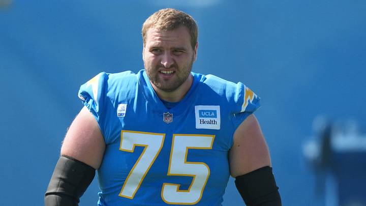 Jul 31, 2026; El Segundo, CA, USA; Los Angeles Chargers lineman Trevor Penning (75) during training camp at The Bolt. Mandatory Credit: Kirby Lee-Imagn Images