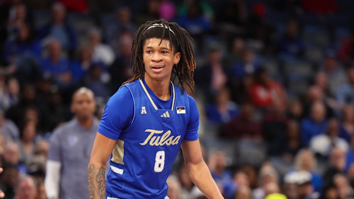 Tulsa Golden Hurricane guard Tyshawn Archie (8) reacts against the Memphis Tigers during the second half at FedExForum