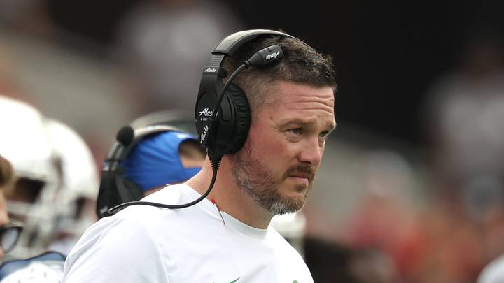 Sep 26, 2026; Los Angeles, California, USA;  Oregon Ducks head coach Dan Lanning  watches game play against the USC Trojans during the first quarter at United Airlines Field at Los Angeles Memorial Coliseum.  Mandatory Credit: Kiyoshi Mio-Imagn Images