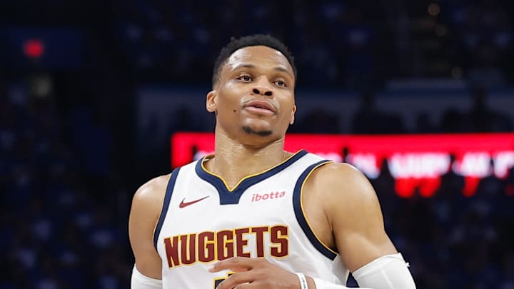May 18, 2025; Oklahoma City, Oklahoma, USA; Denver Nuggets guard Russell Westbrook (4) runs down the court against the Oklahoma City Thunder in the second quarter during game seven of the second round for the 2025 NBA Playoffs at Paycom Center. Mandatory Credit: Alonzo Adams-Imagn Images May 18, 2025; Oklahoma City, Oklahoma, USA; Denver Nuggets guard Russell Westbrook (4) runs down the court against the Oklahoma City Thunder in the second quarter during game seven of the second round for the 2025 NBA Playoffs at Paycom Center. Mandatory Credit: Alonzo Adams-Imagn Images