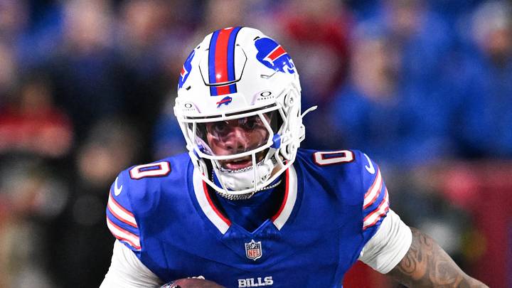 Nov 2, 2025; Orchard Park, New York, USA; Buffalo Bills wide receiver Keon Coleman (0) runs with the ball in the second half against the Kansas City Chiefs at Highmark Stadium. Mandatory Credit: Mark Konezny-Imagn Images
