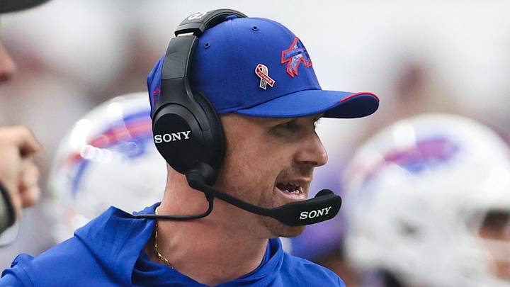 Sep 13, 2026; Houston, Texas, USA; Buffalo Bills head coach Joe Brady on the sideline during the game against the Houston Texans at Reliant Stadium. Mandatory Credit: Troy Taormina-Imagn Images