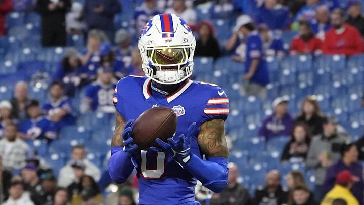 Sep 7, 2025; Orchard Park, New York, USA;  Buffalo Bills wide receiver Keon Coleman (0) warms up prior to the game against the Baltimore Ravens at Highmark Stadium. Mandatory Credit: Gregory Fisher-Imagn Images