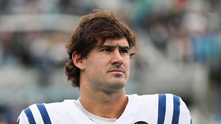 Indianapolis Colts quarterback Daniel Jones stands on the field