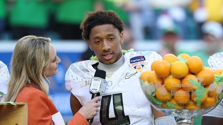 Jan 1, 2026; Miami Gardens, FL, USA; Oregon Ducks defensive back Brandon Finney Jr. (4) is interviewed by. ESPN’s Katie George is following the 2025 Orange Bowl and quarterfinal game of the College Football Playoff against the Texas Tech Red Raiders at Hard Rock Stadium. Mandatory Credit: Nathan Ray Seebeck-Imagn Images Jan 1, 2026; Miami Gardens, FL, USA; Oregon Ducks defensive back Brandon Finney Jr. (4) is interviewed by. ESPN’s Katie George is following the 2025 Orange Bowl and quarterfinal game of the College Football Playoff against the Texas Tech Red Raiders at Hard Rock Stadium. Mandatory Credit: Nathan Ray Seebeck-Imagn Images