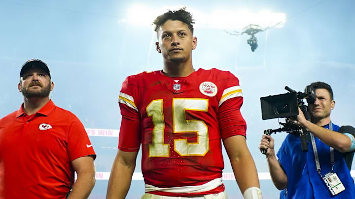 Oct 7, 2024; Kansas City, Missouri, USA; Kansas City Chiefs quarterback Patrick Mahomes (15) leaves the field after defeating the New Orleans Saints at GEHA Field at Arrowhead Stadium. Mandatory Credit: Jay Biggerstaff-Imagn Images Oct 7, 2024; Kansas City, Missouri, USA; Kansas City Chiefs quarterback Patrick Mahomes (15) leaves the field after defeating the New Orleans Saints at GEHA Field at Arrowhead Stadium. Mandatory Credit: Jay Biggerstaff-Imagn Images