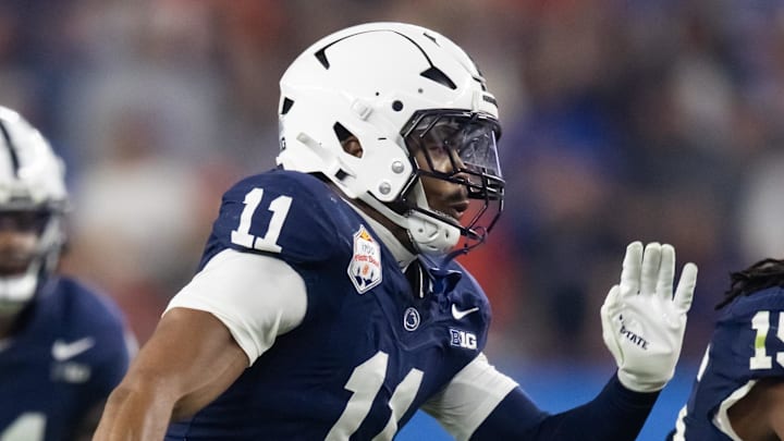 Dec 31, 2024; Glendale, AZ, USA; Penn State Nittany Lions defensive end Abdul Carter (11) against the Boise State Broncos in the Fiesta Bowl at State Farm Stadium. Mandatory Credit: Mark J. Rebilas-Imagn Images