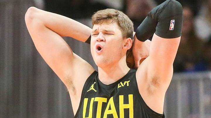 Feb 27, 2024; Atlanta, Georgia, USA; Utah Jazz center Walker Kessler (24) reacts to a foul call against the Atlanta Hawks in the second half at State Farm Arena. Mandatory Credit: Brett Davis-Imagn Images Feb 27, 2024; Atlanta, Georgia, USA; Utah Jazz center Walker Kessler (24) reacts to a foul call against the Atlanta Hawks in the second half at State Farm Arena. Mandatory Credit: Brett Davis-Imagn Images