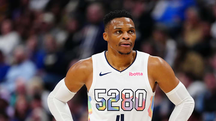 Nov 25, 2024; Denver, Colorado, USA; Denver Nuggets guard Russell Westbrook (4) during the second half against the New York Knicks at Ball Arena. Mandatory Credit: Ron Chenoy-Imagn Images