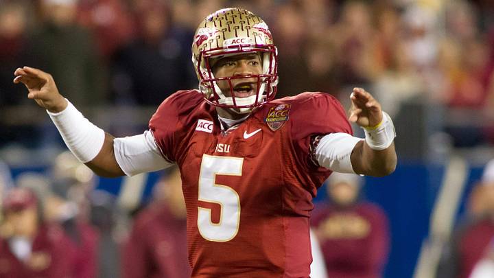 Dec 7, 2013; Charlotte, NC, USA; Florida State Seminoles quarterback Jameis Winston (5) calls out during the second quarter against the Duke Blue Devils at Bank of America Stadium. Mandatory Credit: Jeremy Brevard-Imagn Images Dec 7, 2013; Charlotte, NC, USA; Florida State Seminoles quarterback Jameis Winston (5) calls out during the second quarter against the Duke Blue Devils at Bank of America Stadium. Mandatory Credit: Jeremy Brevard-Imagn Images