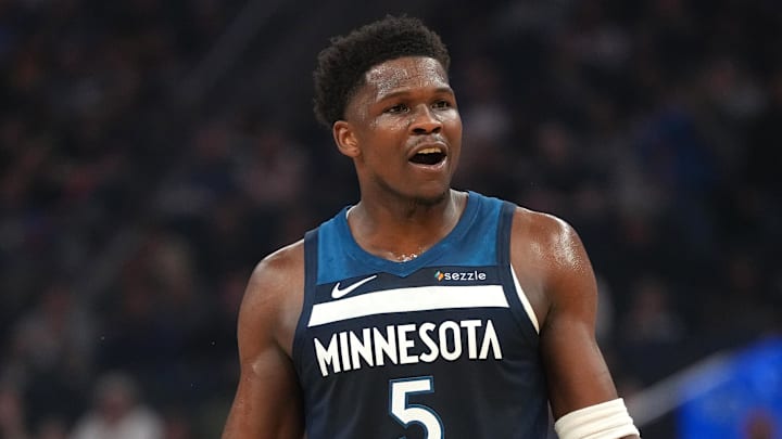 Mar 13, 2026; San Francisco, California, USA; Minnesota Timberwolves guard Anthony Edwards (5) reacts after being fouled against the Golden State Warriors in the first quarter at the Chase Center. Mandatory Credit: Cary Edmondson-Imagn Images