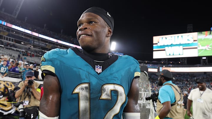 Oct 6, 2025; Jacksonville, Florida, USA; Jacksonville Jaguars wide receiver Travis Hunter (12) reacts after defeating the Kansas City Chiefs at EverBank Stadium. Mandatory Credit: Nathan Ray Seebeck-Imagn Images Oct 6, 2025; Jacksonville, Florida, USA; Jacksonville Jaguars wide receiver Travis Hunter (12) reacts after defeating the Kansas City Chiefs at EverBank Stadium. Mandatory Credit: Nathan Ray Seebeck-Imagn Images