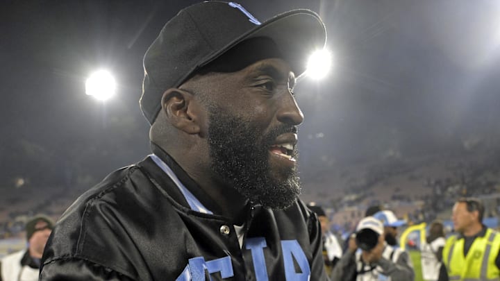 Nov 8, 2024; Pasadena, California, USA; UCLA Bruins head coach DeShaun Foster claps as he leaves the field after defeating the Iowa Hawkeyes at the Rose Bowl. Mandatory Credit: Jayne Kamin-Oncea-Imagn Images Nov 8, 2024; Pasadena, California, USA; UCLA Bruins head coach DeShaun Foster claps as he leaves the field after defeating the Iowa Hawkeyes at the Rose Bowl. Mandatory Credit: Jayne Kamin-Oncea-Imagn Images