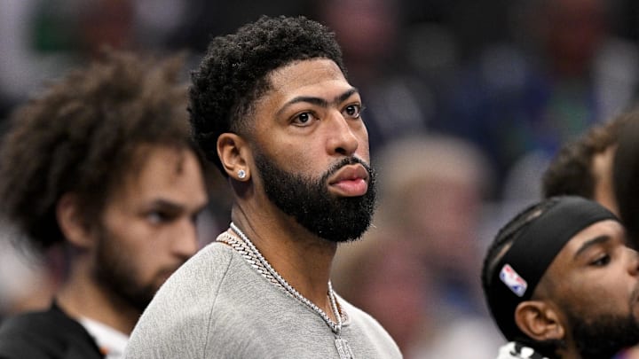 Nov 19, 2025; Dallas, Texas, USA; Dallas Mavericks forward Anthony Davis (3) looks on from the bench during the second half against the New York Knicks at the American Airlines Center. Mandatory Credit: Jerome Miron-Imagn Images