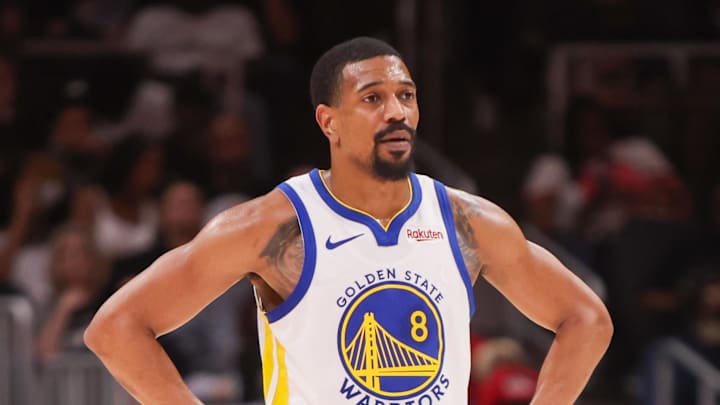 Mar 21, 2026; Atlanta, Georgia, USA; Golden State Warriors guard De'anthony Melton (8) in action against the Atlanta Hawks in the third quarter at State Farm Arena. Mandatory Credit: Brett Davis-Imagn Images