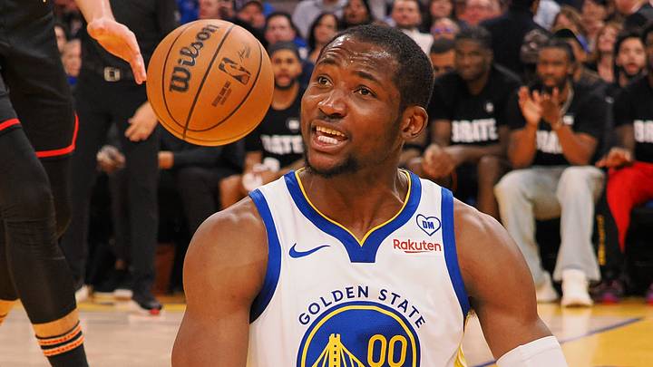 Jan 24, 2024; San Francisco, California, USA; Golden State Warriors forward Jonathan Kuminga (00) reacts after a play against the Atlanta Hawks during the third quarter at Chase Center. Mandatory Credit: Kelley L Cox-USA TODAY Sports