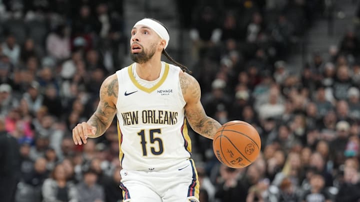 Jan 25, 2026; San Antonio, Texas, USA;  New Orleans Pelicans guard Jose Alvarado (15) sets up to shoot in the second half against the San Antonio Spurs at Frost Bank Center. Mandatory Credit: Daniel Dunn-Imagn Images