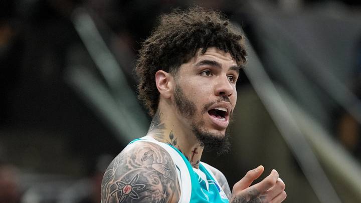 Mar 14, 2026; San Antonio, Texas, USA;  Charlotte Hornets guard LaMelo Ball (1) reacts in the second half against the San Antonio Spurs at Frost Bank Center. Mandatory Credit: Daniel Dunn-Imagn Images