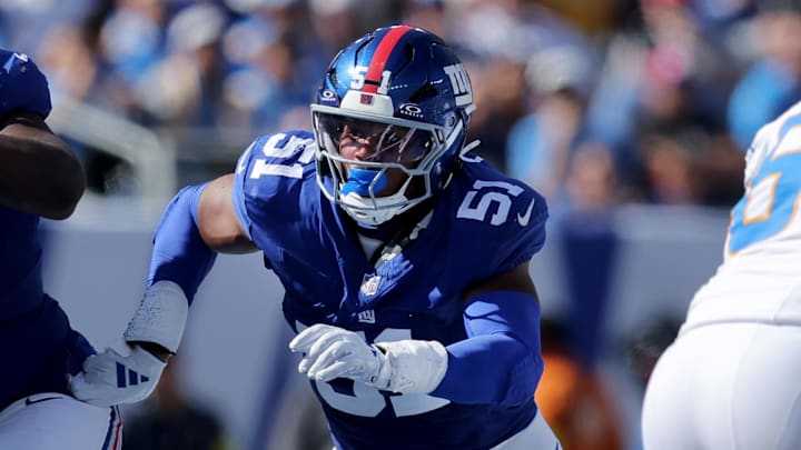 Sep 28, 2025; East Rutherford, New Jersey, USA; New York Giants linebacker Abdul Carter (51) had his most impactful performance of the season on Sunday against the Chargers  