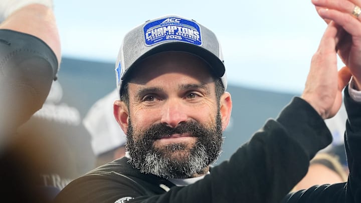Dec 6, 2025; Charlotte, NC, USA; Duke Blue Devils head coach Manny Diaz celebrates defeating the Virginia Cavaliers during the 2025 ACC Championship game at Bank of America Stadium. Mandatory Credit: Jim Dedmon-Imagn Images