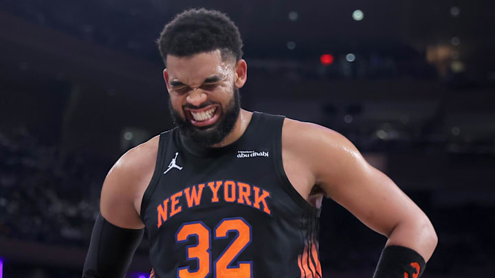 Apr 20, 2026; New York, New York, USA; New York Knicks center Karl-Anthony Towns (32) reacts during the third quarter of game two of the first round of the 2026 NBA Playoffs against the Atlanta Hawks at Madison Square Garden. Mandatory Credit: Brad Penner-Imagn Images