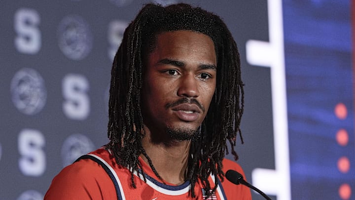 Oct 10, 2024; Charlotte, NC, USA; Syracuse player Chris Bell at The Hilton Charlotte Uptown. Mandatory Credit: Jim Dedmon-Imagn Images Oct 10, 2024; Charlotte, NC, USA; Syracuse player Chris Bell at The Hilton Charlotte Uptown. Mandatory Credit: Jim Dedmon-Imagn Images