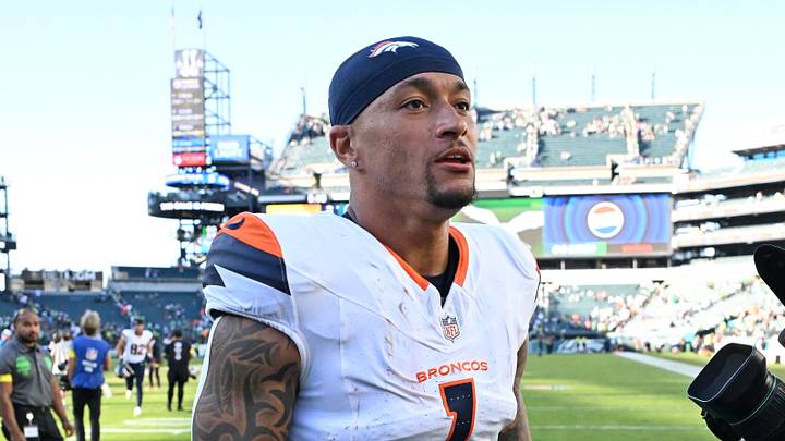 Oct 5, 2025; Philadelphia, Pennsylvania, USA; Denver Broncos tight end Evan Engram (1) walks off the field after win against the Philadelphia Eagles at Lincoln Financial Field. Mandatory Credit: Eric Hartline-Imagn Images
