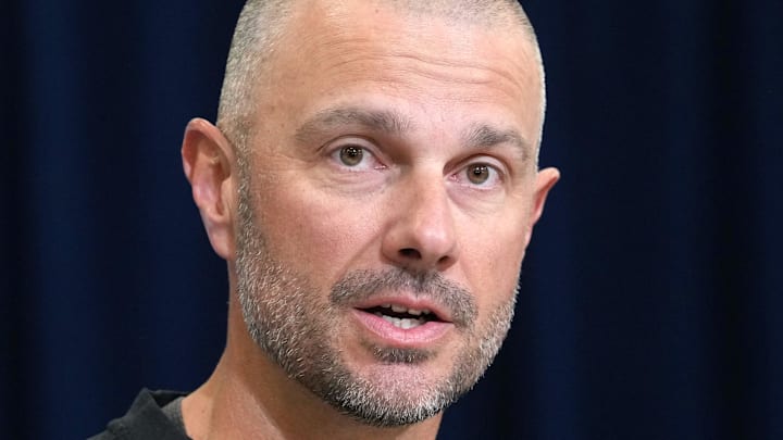 Feb 24, 2026; Indianapolis, IN, USA; Las Vegas Raiders general manager John Spytek speaks at the NFL Scouting Combine at the Indiana Convention Center. Mandatory Credit: Kirby Lee-Imagn Images