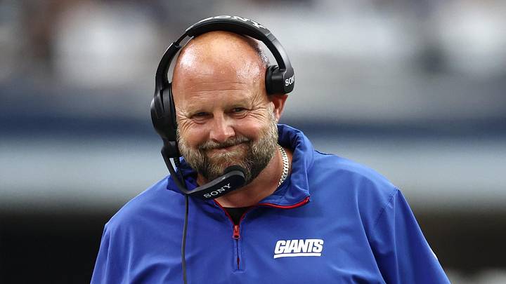 Sep 14, 2025; Arlington, Texas, USA; New York Giants head coach Brian Daboll reacts after a play against the Dallas Cowboys during the second quarter at AT&T Stadium. Mandatory Credit: Kevin Jairaj-Imagn Images